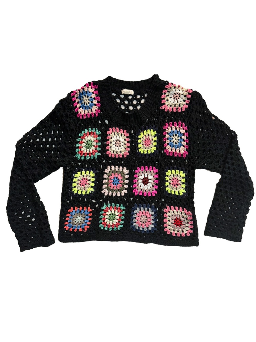 Dreamers by Debut Crochet Granny Square Sweater Black Knit Crop Pullover Medium